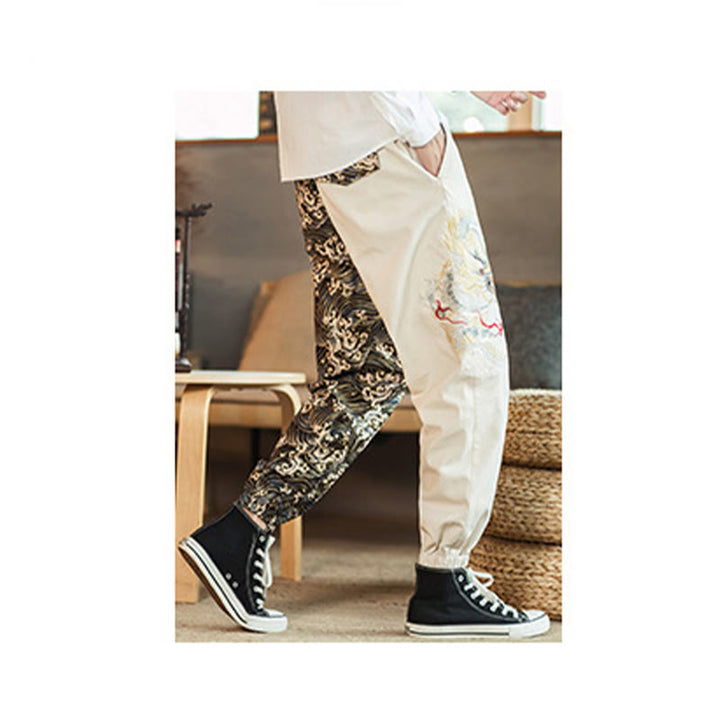 Pantaloni da uomo bicolore con tasche e motivo a drago Buddha Stones