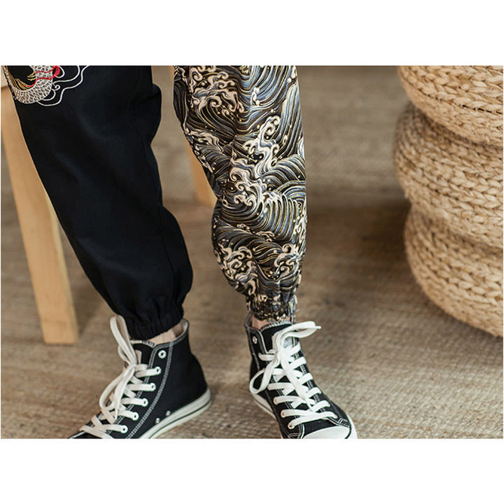 Pantaloni da uomo bicolore con tasche e motivo a drago Buddha Stones