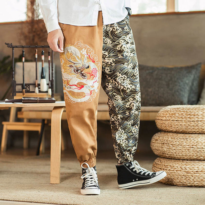 Pantaloni da uomo bicolore con tasche e motivo a drago Buddha Stones