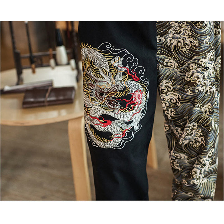 Pantaloni da uomo bicolore con tasche e motivo a drago Buddha Stones