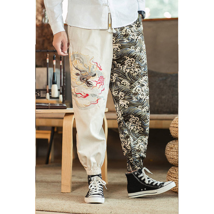 Pantaloni da uomo bicolore con tasche e motivo a drago Buddha Stones