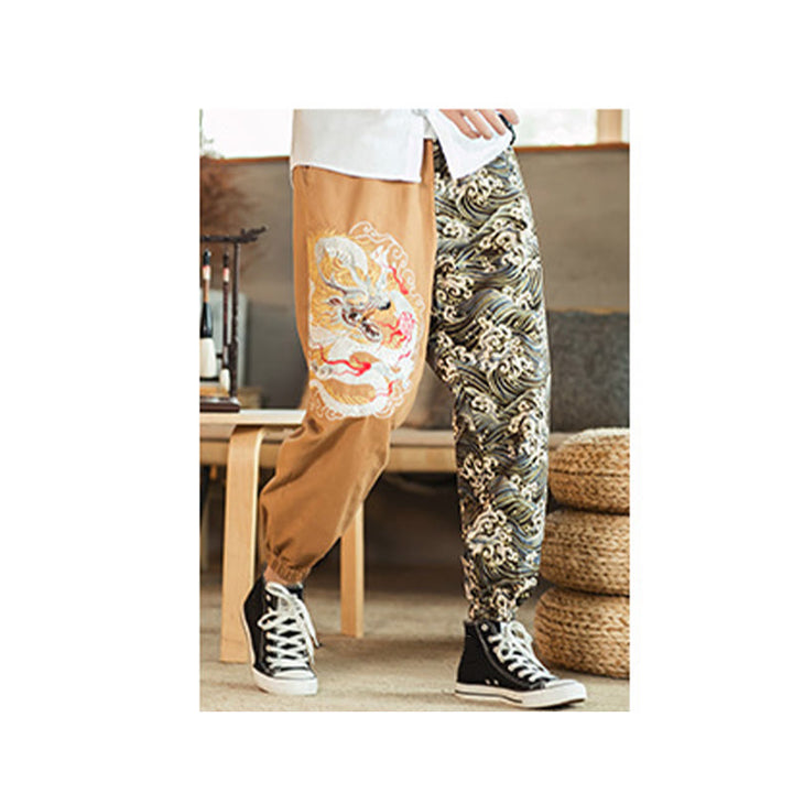 Pantaloni da uomo bicolore con tasche e motivo a drago Buddha Stones
