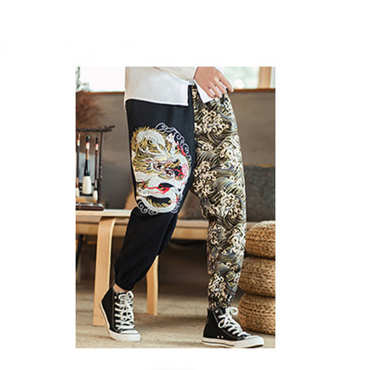 Pantaloni da uomo bicolore con tasche e motivo a drago Buddha Stones