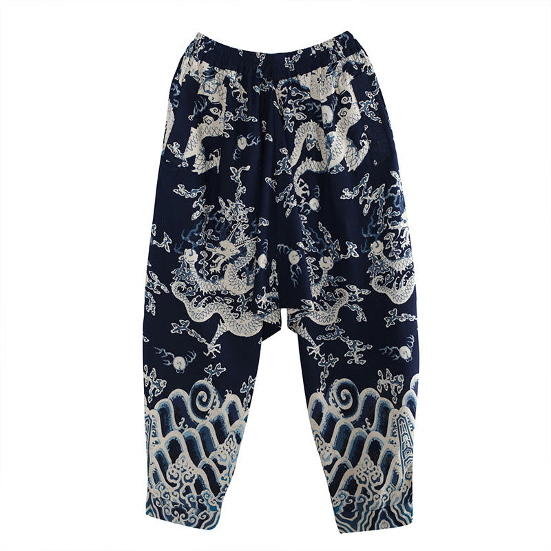 Pantaloni da uomo in cotone e lino etnico con tasche, stampati con elastico in vita e drago cinese , Buddha Stones