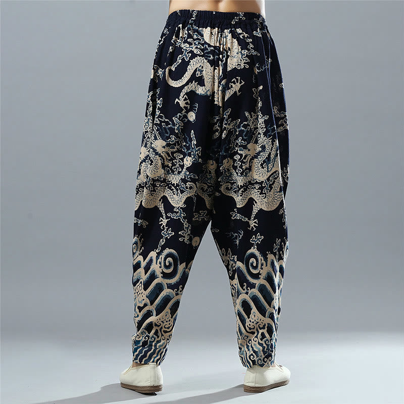 Pantaloni da uomo in cotone e lino etnico con tasche, stampati con elastico in vita e drago cinese , Buddha Stones