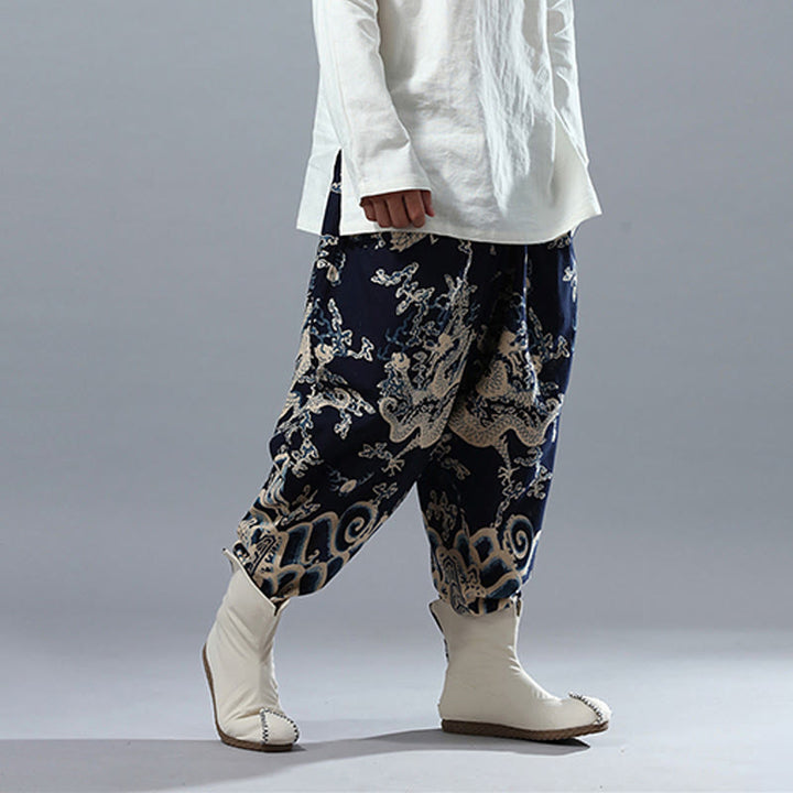 Pantaloni da uomo in cotone e lino etnico con tasche, stampati con elastico in vita e drago cinese , Buddha Stones