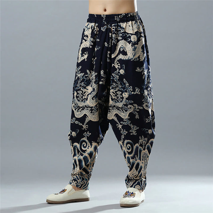 Pantaloni da uomo in cotone e lino etnico con tasche, stampati con elastico in vita e drago cinese , Buddha Stones