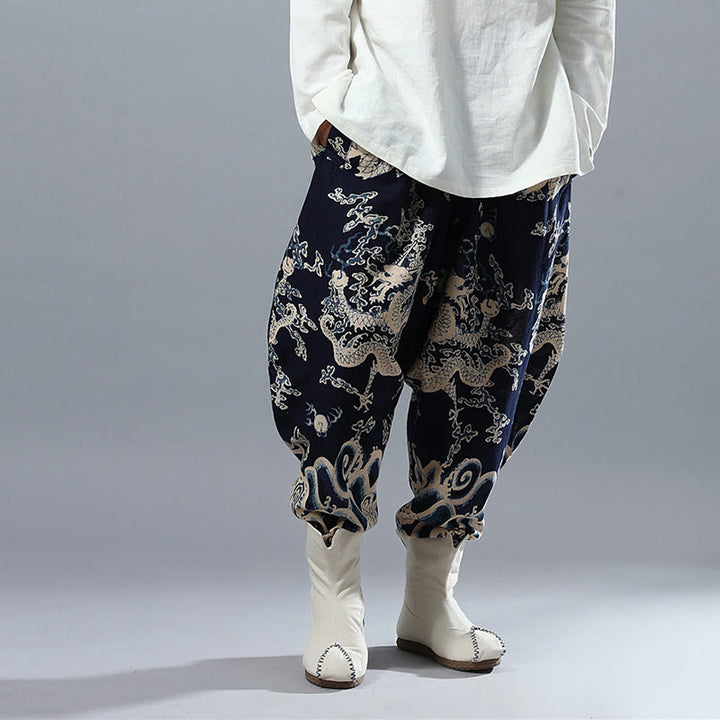Pantaloni da uomo in cotone e lino etnico con tasche, stampati con elastico in vita e drago cinese , Buddha Stones - image 5
