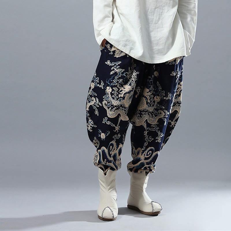 Pantaloni da uomo in cotone e lino etnico con tasche, stampati con elastico in vita e drago cinese , Buddha Stones