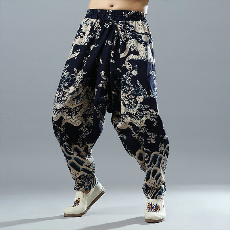 Pantaloni da uomo in cotone e lino etnico con tasche, stampati con elastico in vita e drago cinese , Buddha Stones