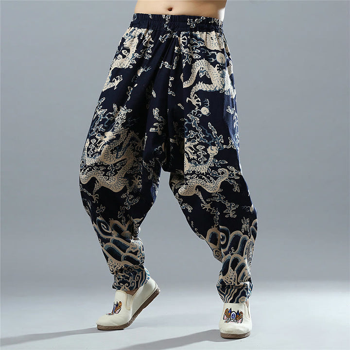 Pantaloni da uomo in cotone e lino etnico con tasche, stampati con elastico in vita e drago cinese , Buddha Stones