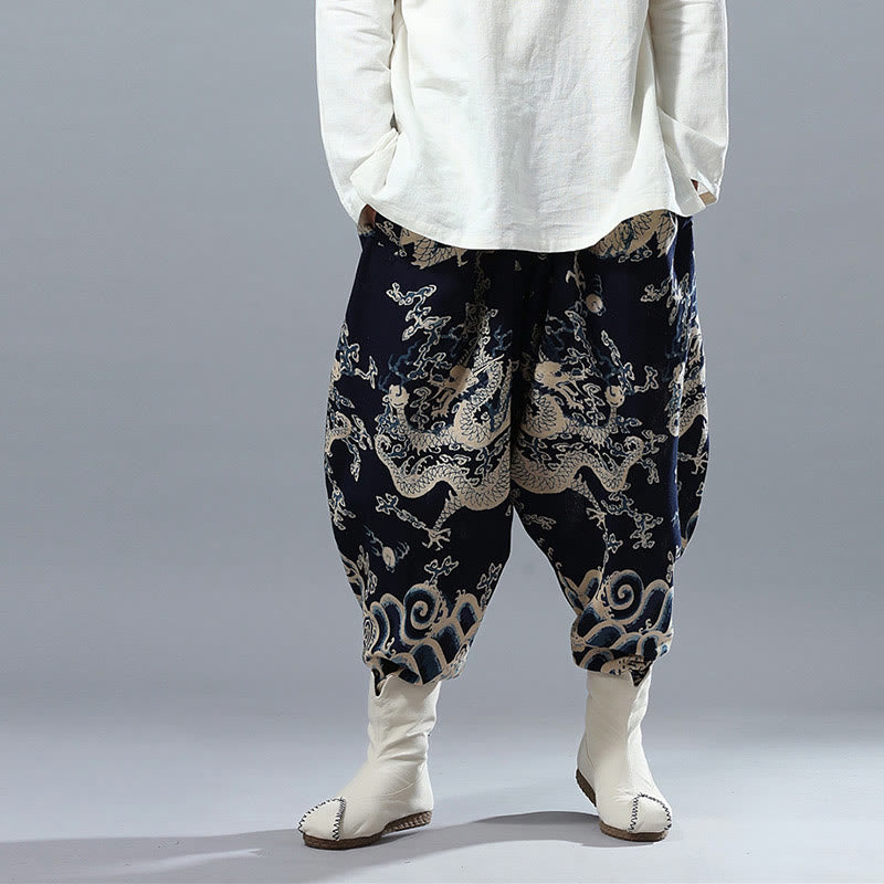 Pantaloni da uomo in cotone e lino etnico con tasche, stampati con elastico in vita e drago cinese , Buddha Stones