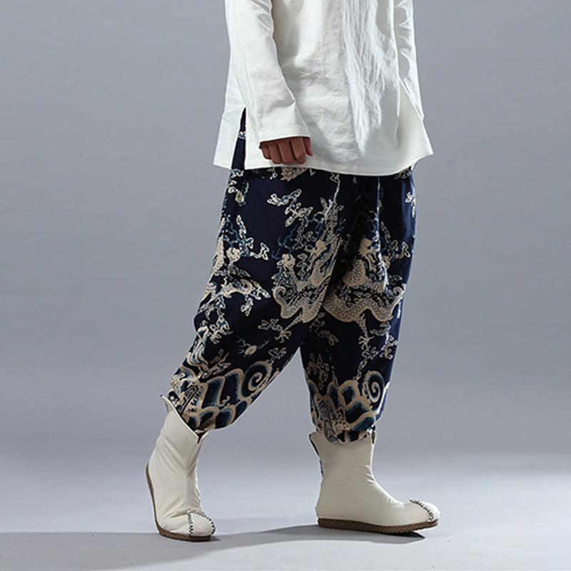 Pantaloni da uomo in cotone e lino etnico con tasche, stampati con elastico in vita e drago cinese , Buddha Stones - image 4