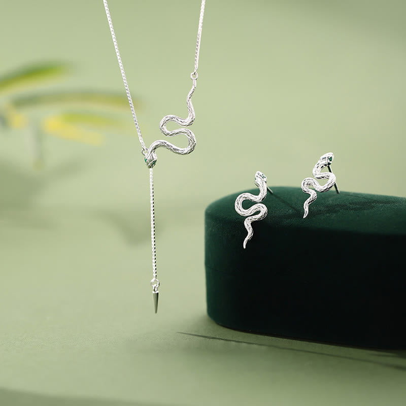 Set di orecchini pendenti con collana e ciondolo dell'anno del serpente in argento sterling 925 Buddha Stones