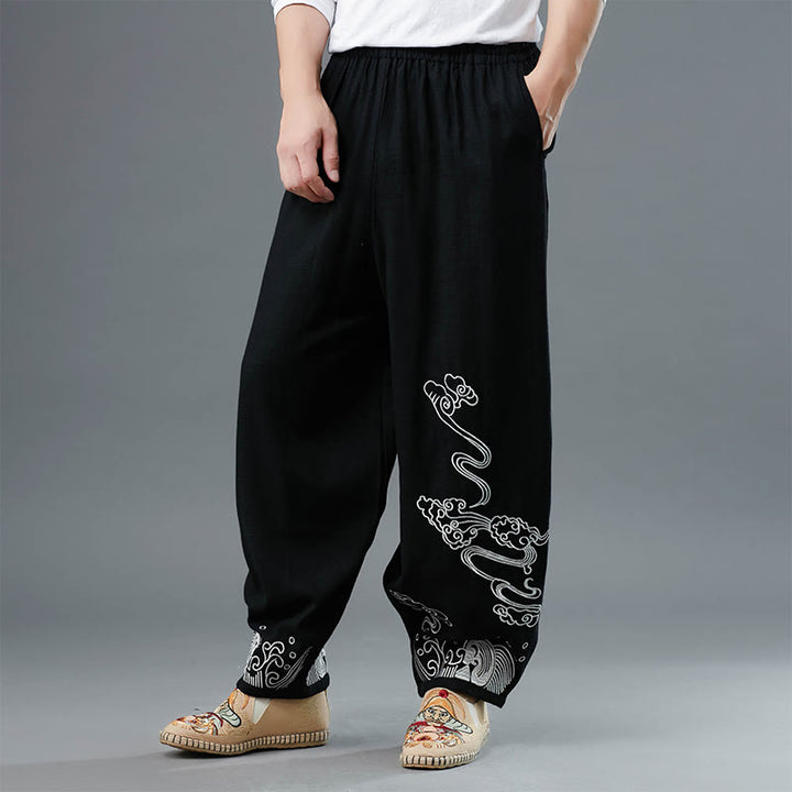Pantaloni da uomo in cotone etnico con tasche, elastico in vita , Buddha Stones nuvole - Nero - US/UK/AU38, EU48 (XL) - image 0