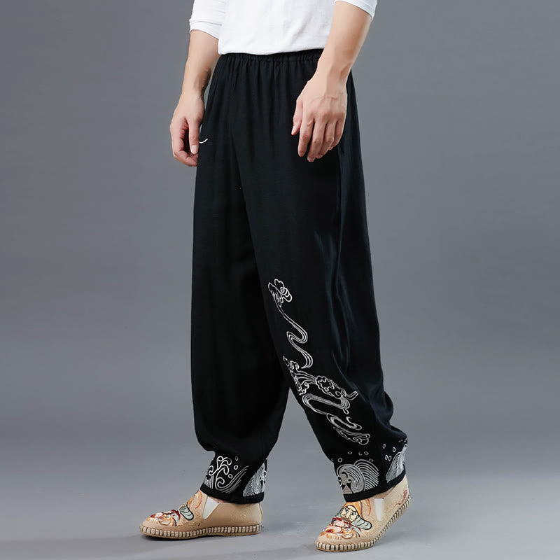 Pantaloni da uomo in cotone etnico con tasche, elastico in vita , Buddha Stones nuvole