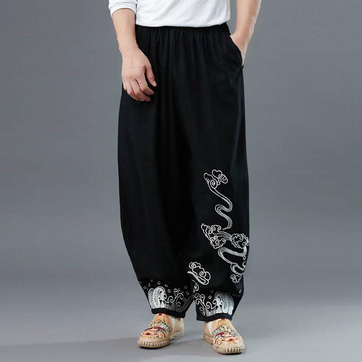 Pantaloni da uomo in cotone etnico con tasche, elastico in vita , Buddha Stones nuvole
