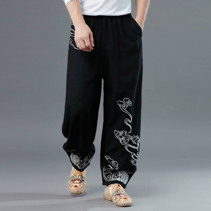 Pantaloni da uomo in cotone etnico con tasche, elastico in vita , Buddha Stones nuvole