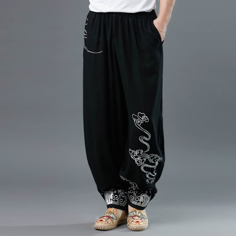 Pantaloni da uomo in cotone etnico con tasche, elastico in vita , Buddha Stones nuvole