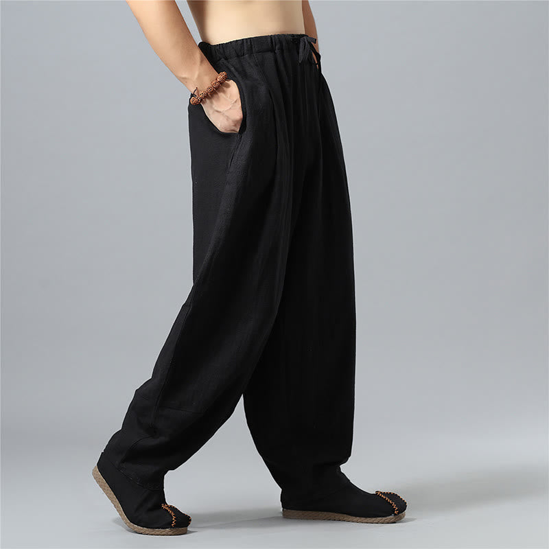 Pantaloni da uomo in lino di cotone con coulisse, casual, tinta unita, con tasche , Buddha Stones
