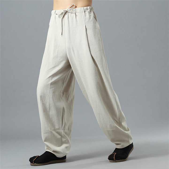 Pantaloni da uomo in lino di cotone con coulisse, casual, tinta unita, con tasche , Buddha Stones - image 26