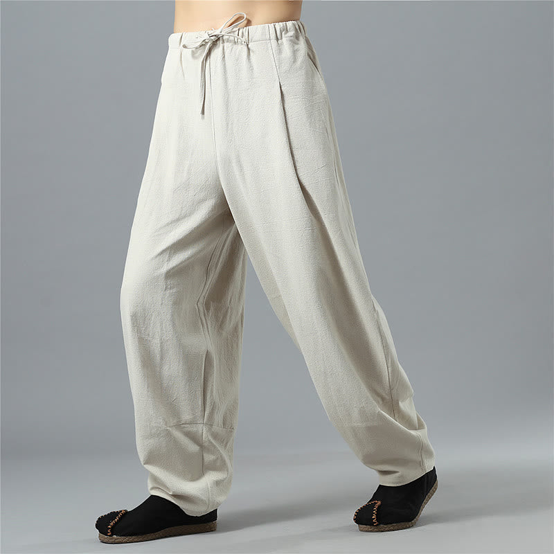 Pantaloni da uomo in lino di cotone con coulisse, casual, tinta unita, con tasche , Buddha Stones