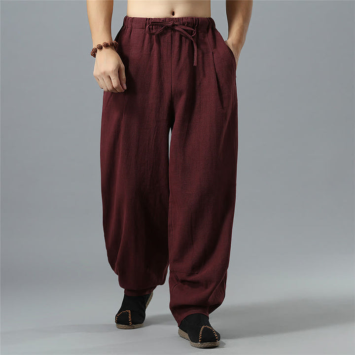 Pantaloni da uomo in lino di cotone con coulisse, casual, tinta unita, con tasche , Buddha Stones