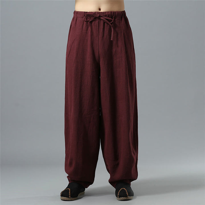 Pantaloni da uomo in lino di cotone con coulisse, casual, tinta unita, con tasche , Buddha Stones