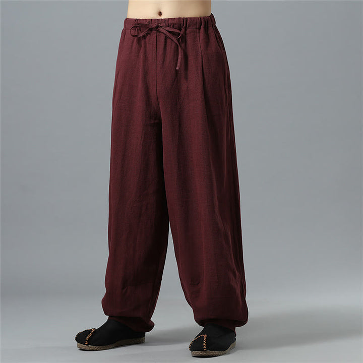 Pantaloni da uomo in lino di cotone con coulisse, casual, tinta unita, con tasche , Buddha Stones