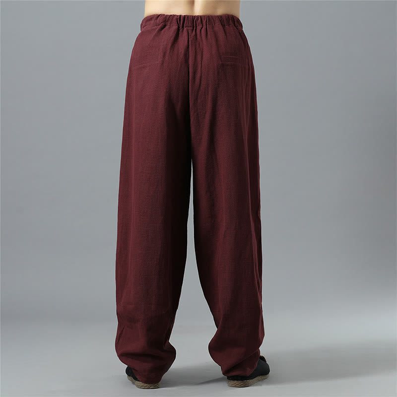 Pantaloni da uomo in lino di cotone con coulisse, casual, tinta unita, con tasche , Buddha Stones