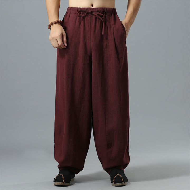 Pantaloni da uomo in lino di cotone con coulisse, casual, tinta unita, con tasche , Buddha Stones