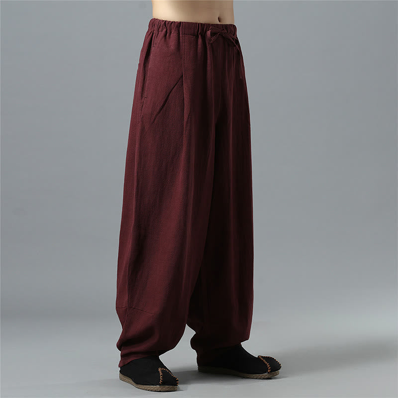 Pantaloni da uomo in lino di cotone con coulisse, casual, tinta unita, con tasche , Buddha Stones