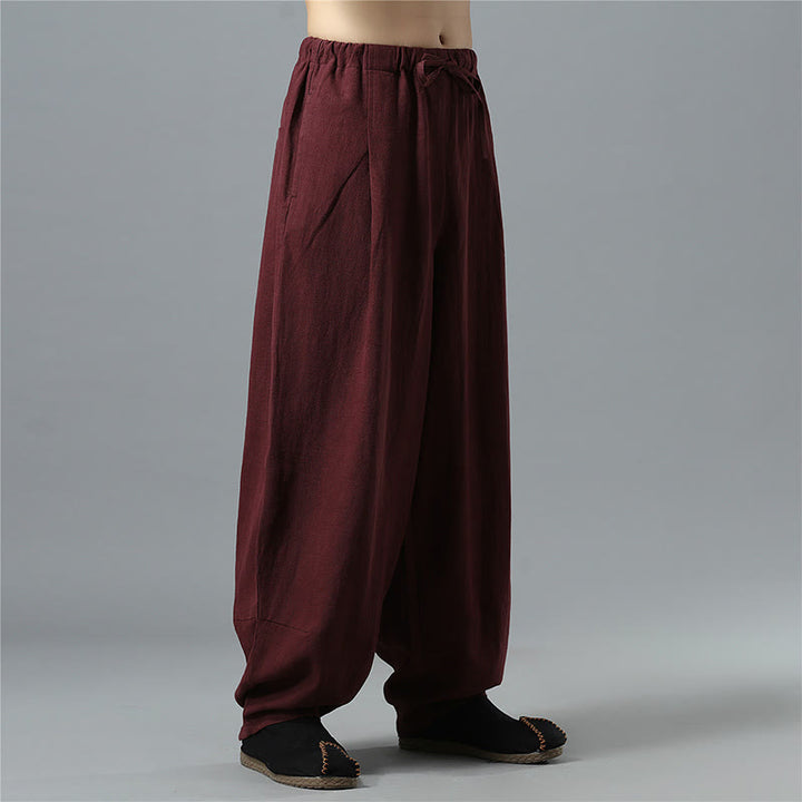 Pantaloni da uomo in lino di cotone con coulisse, casual, tinta unita, con tasche , Buddha Stones