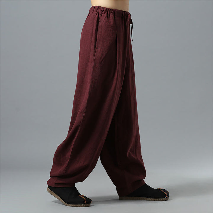 Pantaloni da uomo in lino di cotone con coulisse, casual, tinta unita, con tasche , Buddha Stones