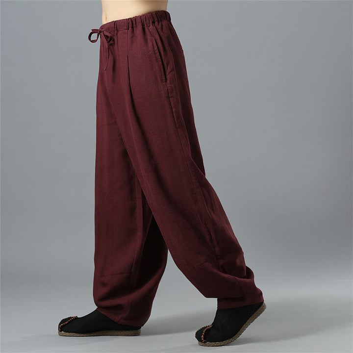 Pantaloni da uomo in lino di cotone con coulisse, casual, tinta unita, con tasche , Buddha Stones