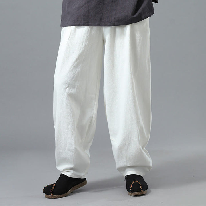 Pantaloni da uomo in lino di cotone con coulisse, casual, tinta unita, con tasche , Buddha Stones