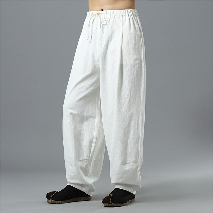Pantaloni da uomo in lino di cotone con coulisse, casual, tinta unita, con tasche , Buddha Stones