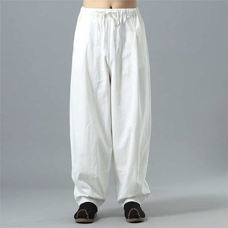 Pantaloni da uomo in lino di cotone con coulisse, casual, tinta unita, con tasche , Buddha Stones