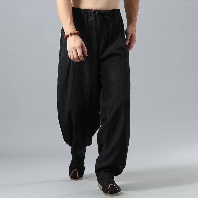 Pantaloni da uomo in lino di cotone con coulisse, casual, tinta unita, con tasche , Buddha Stones