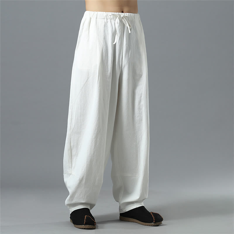 Pantaloni da uomo in lino di cotone con coulisse, casual, tinta unita, con tasche , Buddha Stones