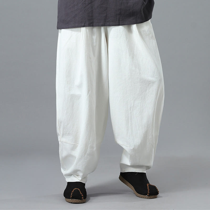 Pantaloni da uomo in lino di cotone con coulisse, casual, tinta unita, con tasche , Buddha Stones