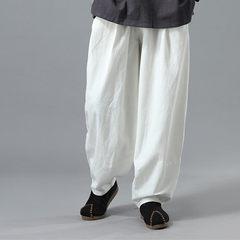 Pantaloni da uomo in lino di cotone con coulisse, casual, tinta unita, con tasche , Buddha Stones