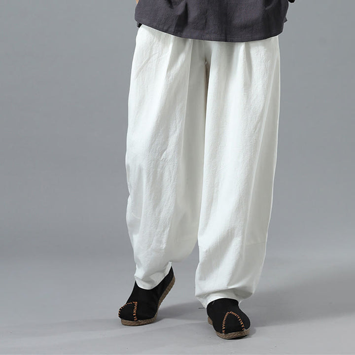 Pantaloni da uomo in lino di cotone con coulisse, casual, tinta unita, con tasche , Buddha Stones