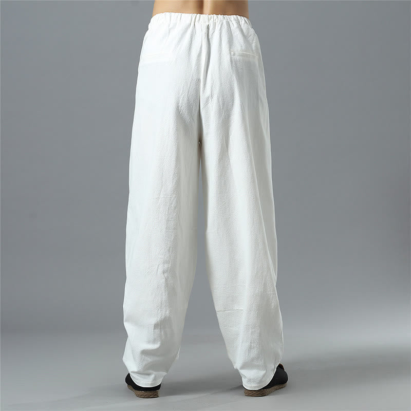 Pantaloni da uomo in lino di cotone con coulisse, casual, tinta unita, con tasche , Buddha Stones