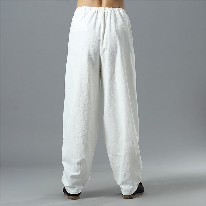 Pantaloni da uomo in lino di cotone con coulisse, casual, tinta unita, con tasche , Buddha Stones