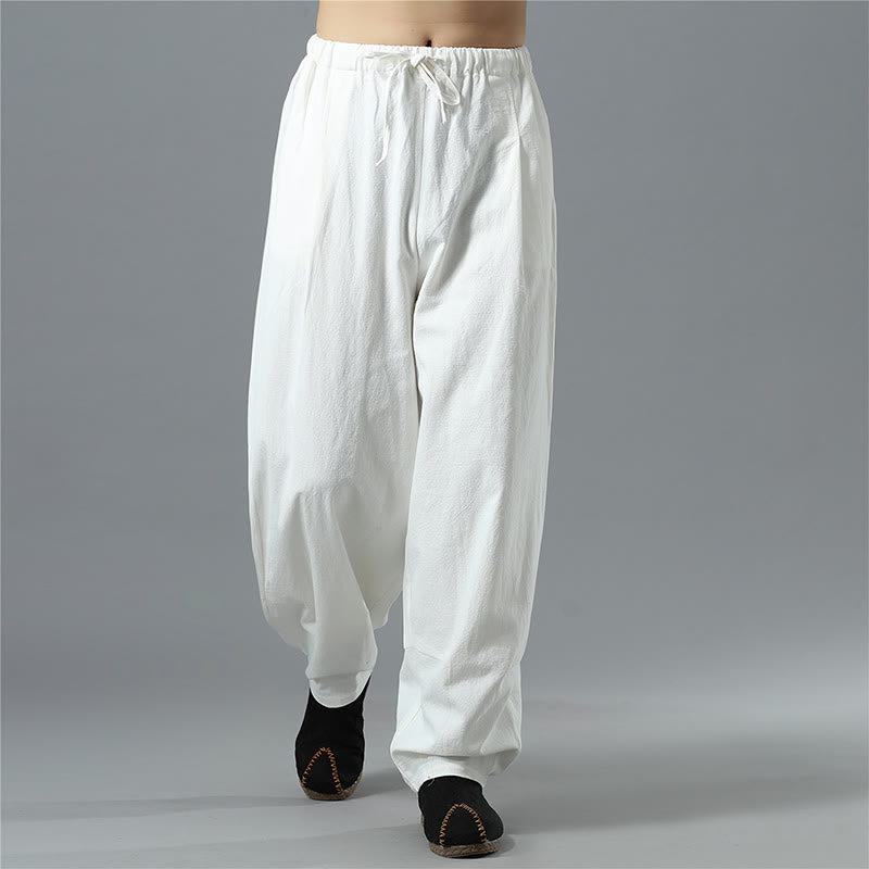 Pantaloni da uomo in lino di cotone con coulisse, casual, tinta unita, con tasche , Buddha Stones - image 3