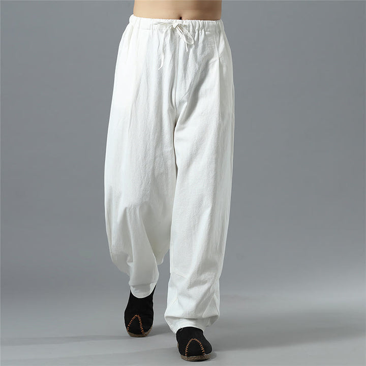 Pantaloni da uomo in lino di cotone con coulisse, casual, tinta unita, con tasche , Buddha Stones