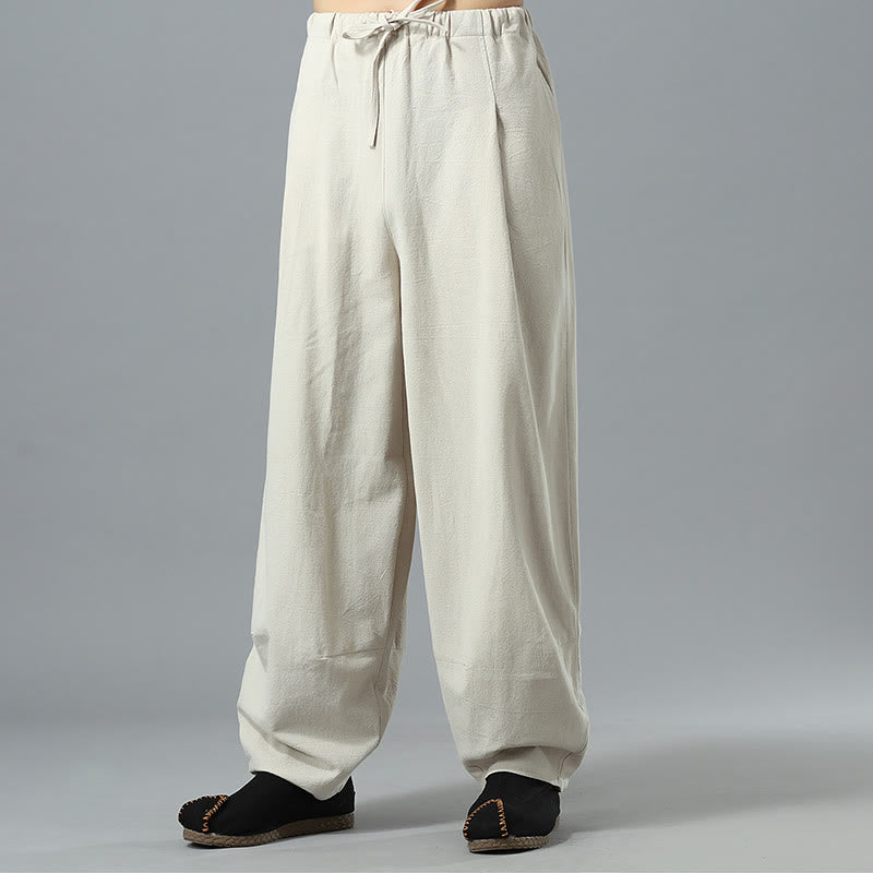 Pantaloni da uomo in lino di cotone con coulisse, casual, tinta unita, con tasche , Buddha Stones
