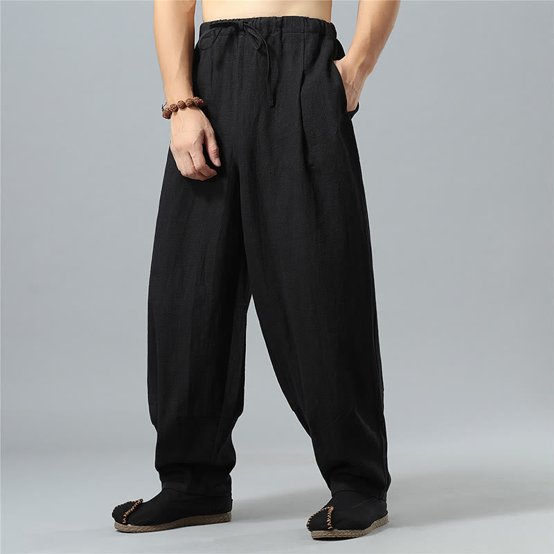 Pantaloni da uomo in lino di cotone con coulisse, casual, tinta unita, con tasche , Buddha Stones