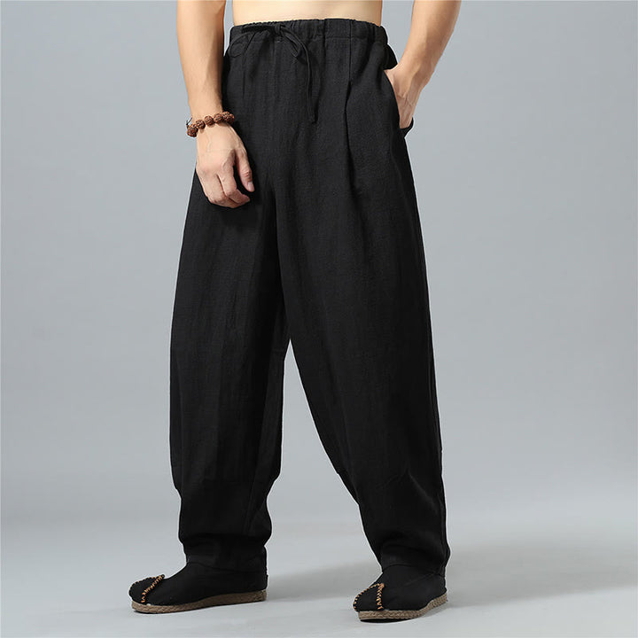 Pantaloni da uomo in lino di cotone con coulisse, casual, tinta unita, con tasche , Buddha Stones